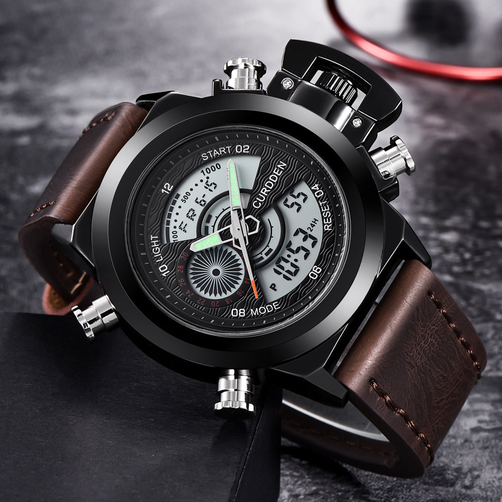CURDDEN 7166  Fashion Leather Dual Time Digital Wrist Watch For Men