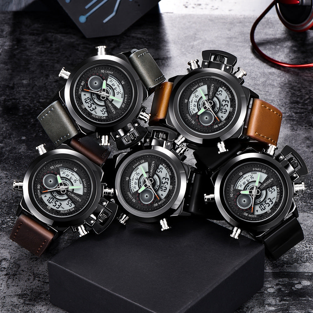 CURDDEN 7166  Fashion Leather Dual Time Digital Wrist Watch For Men