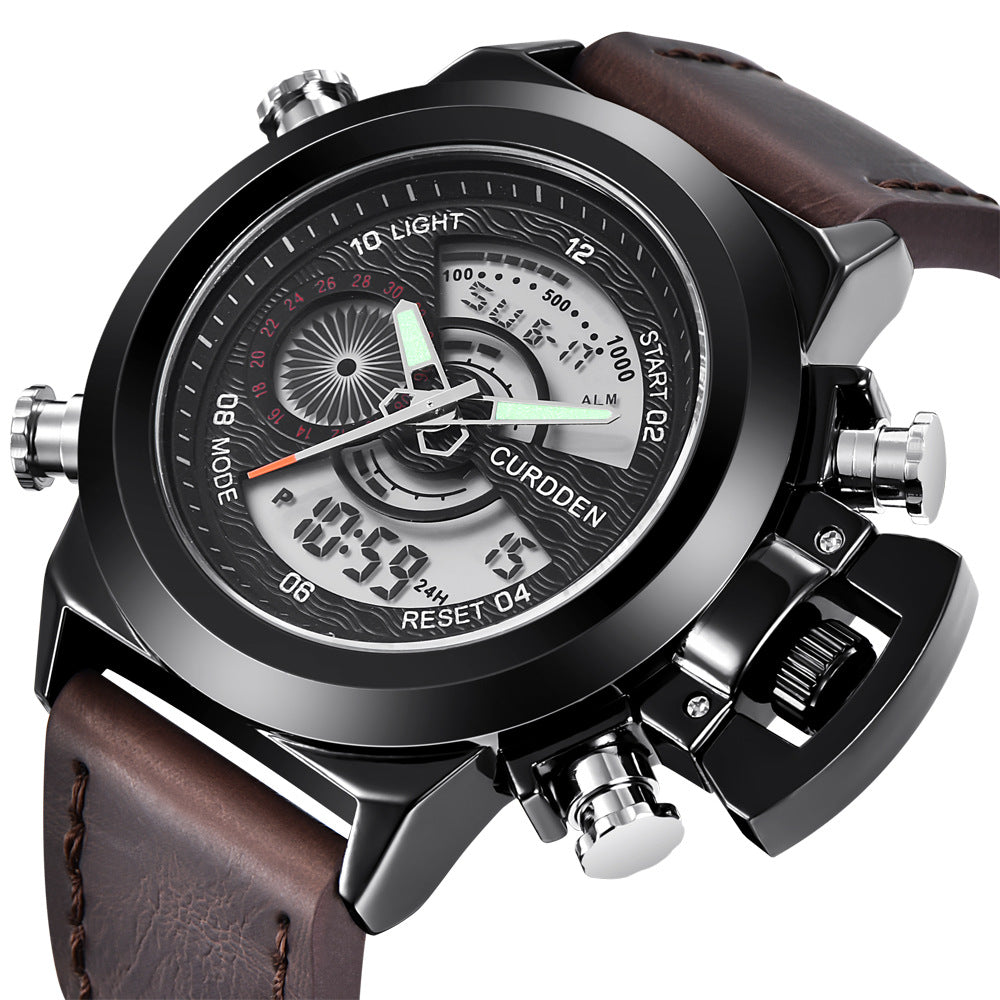 CURDDEN 7166  Fashion Leather Dual Time Digital Wrist Watch For Men