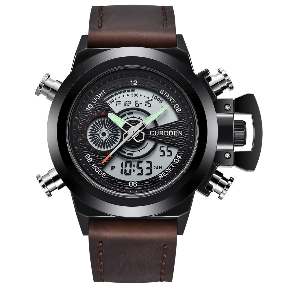 CURDDEN 7166  Fashion Leather Dual Time Digital Wrist Watch For Men