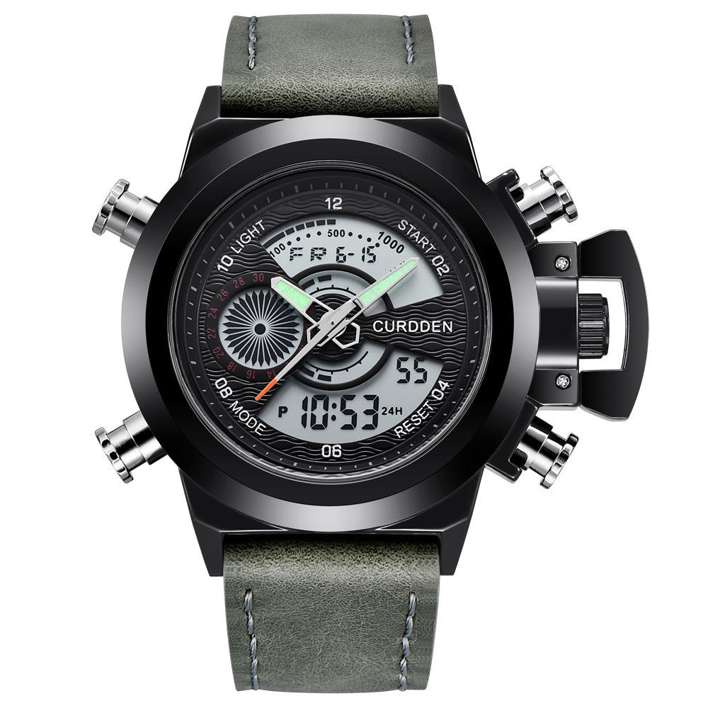 CURDDEN 7166  Fashion Leather Dual Time Digital Wrist Watch For Men