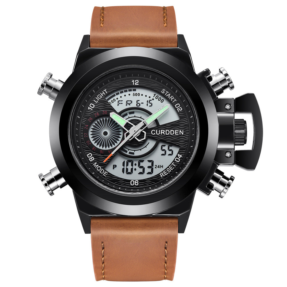 CURDDEN 7166  Fashion Leather Dual Time Digital Wrist Watch For Men