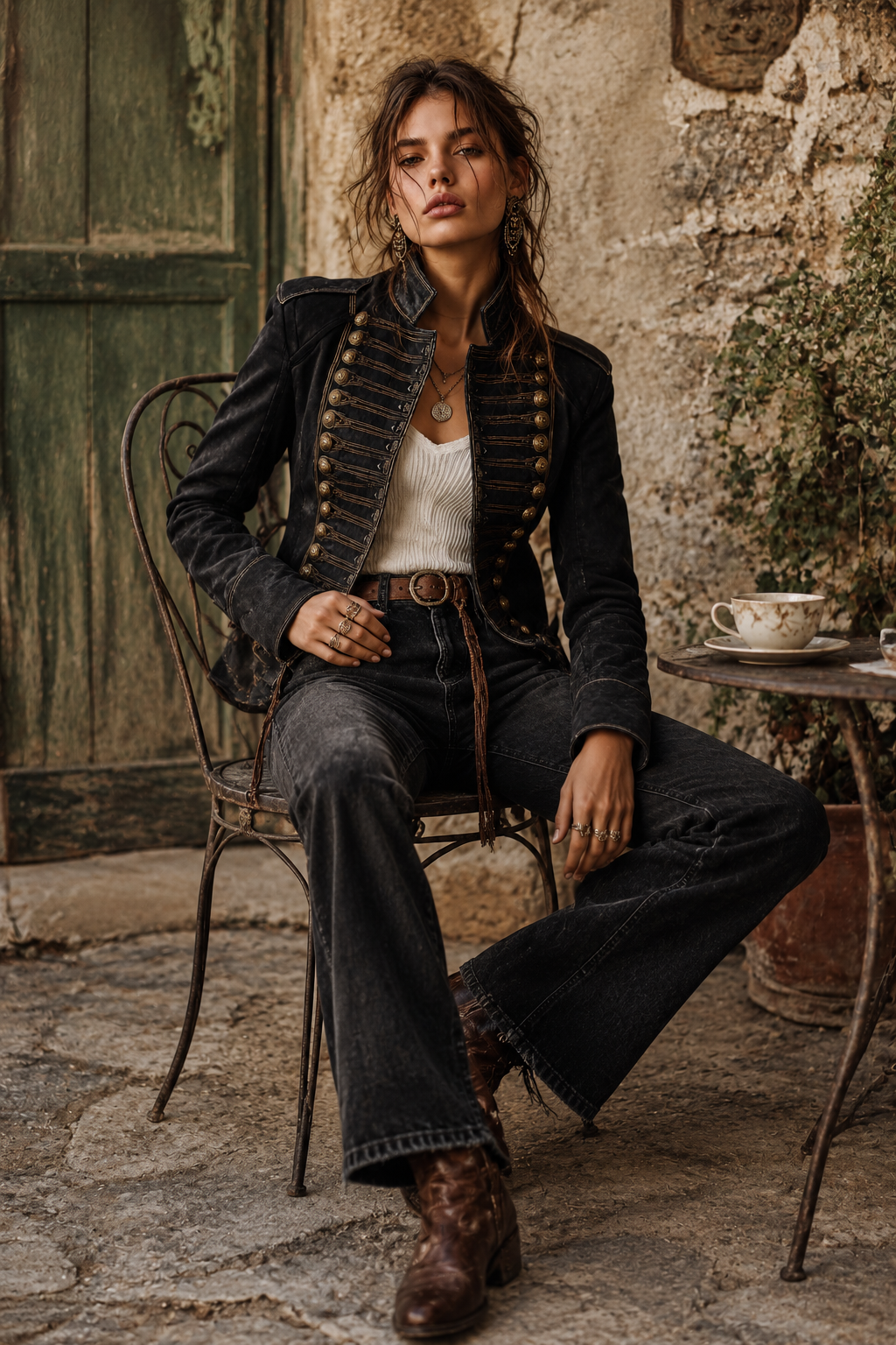 Vintage Military Gold-Trim Faux Leather Jacket