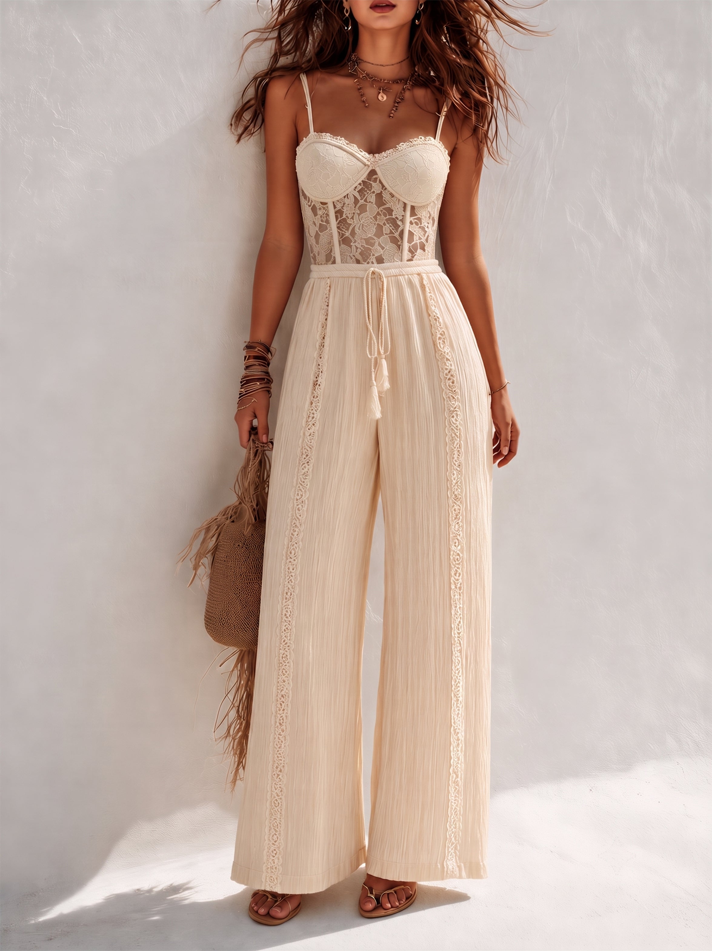 Bohemian Cream Lace Corset And Pleated Wide-Leg Jumpsuit
