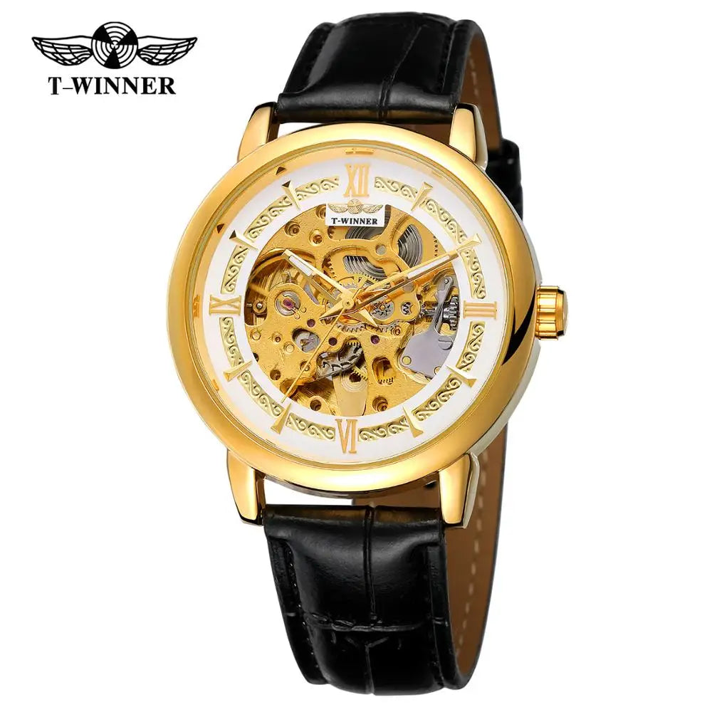 T-Winner Men’s Leather Automatic Mechanical Watch – Full Skeleton Hollow Design