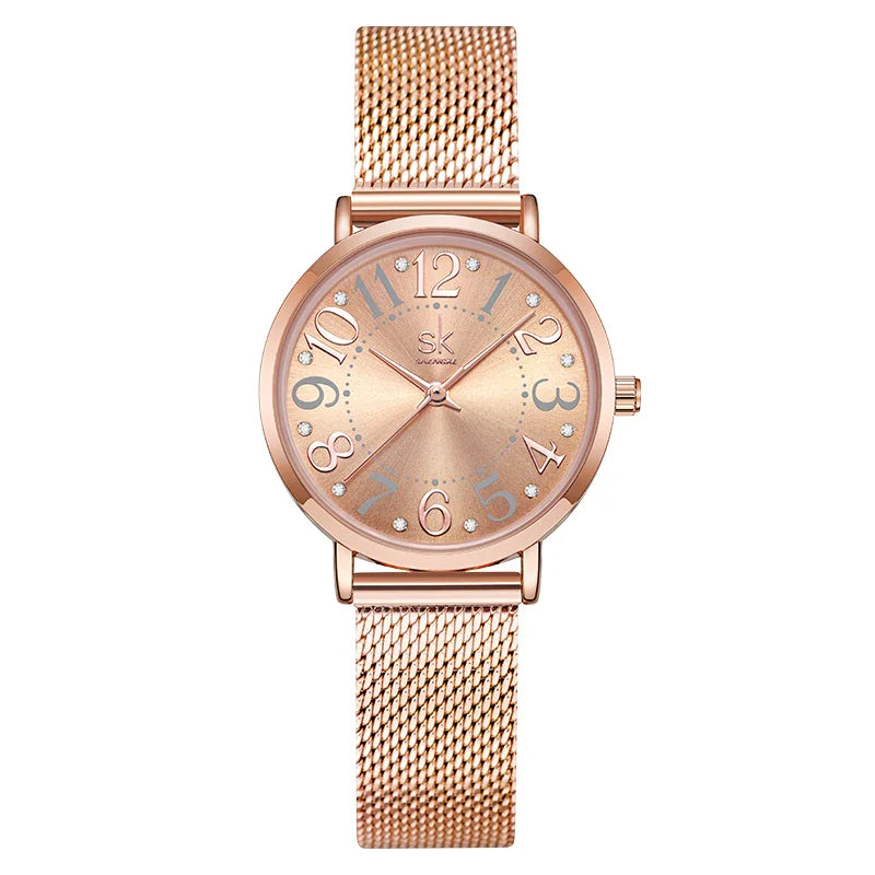 SK Women’s Quartz Watch – Stainless Steel Mesh Band, Waterproof Fashion Analog