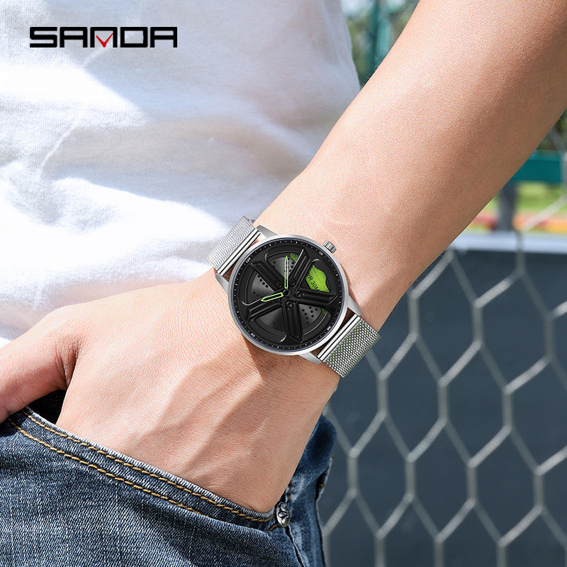 Sanda Men’s Mesh Quartz Watch – 360° Rotating Dial, Hollow Design, Waterproof Wristwatch