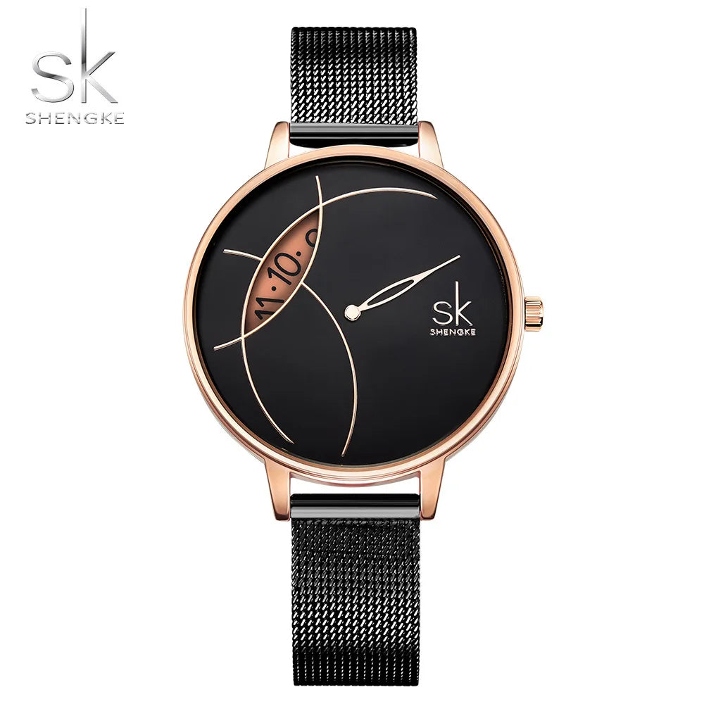 SK Women’s Quartz Watch – Stylish Stainless Steel Mesh & Leather Casual Timepiece