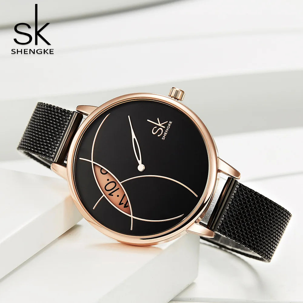 SK Women’s Quartz Watch – Stylish Stainless Steel Mesh & Leather Casual Timepiece