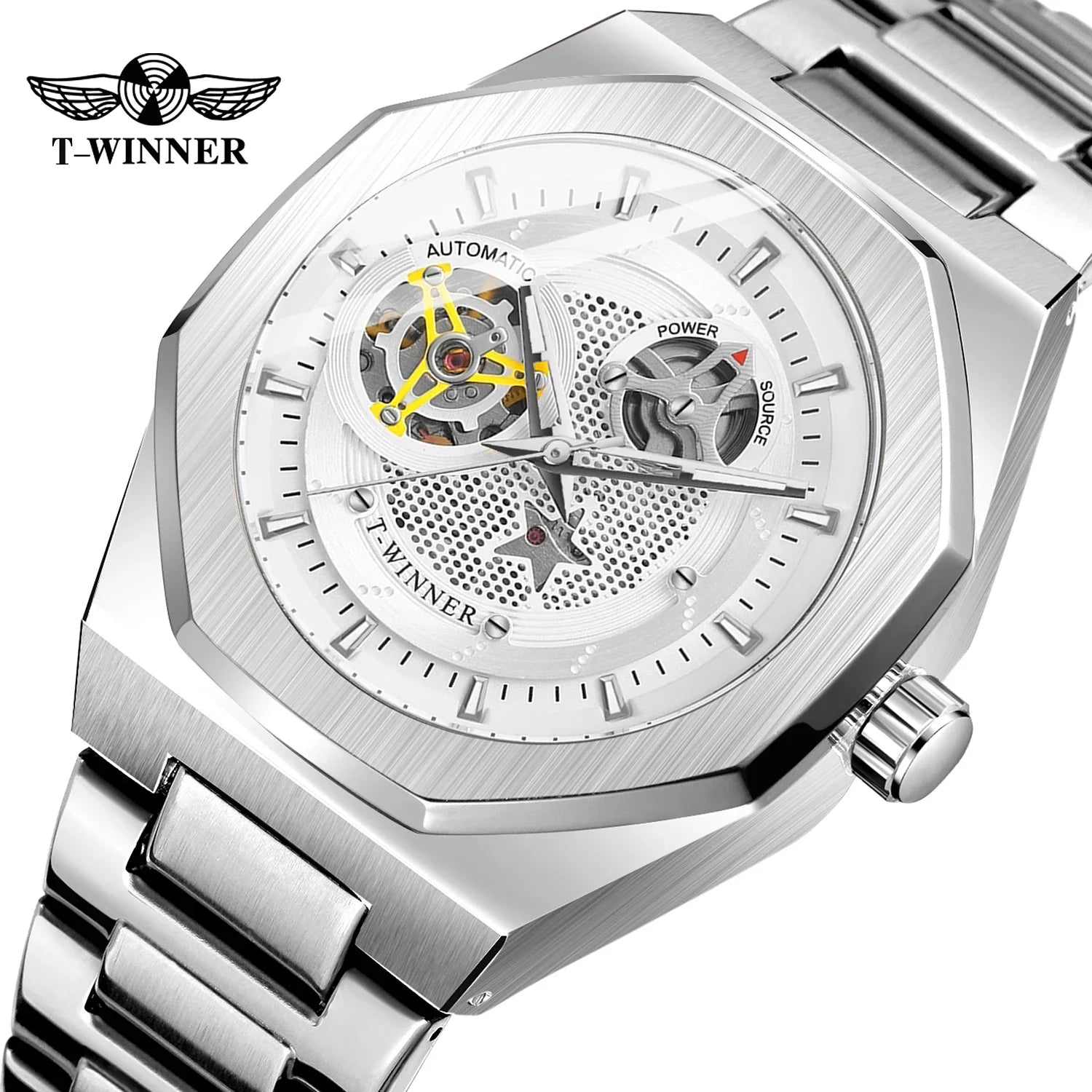 T-Winner Men's Skeleton Automatic Watch – Classic Stainless Steel Mechanical Timepiece