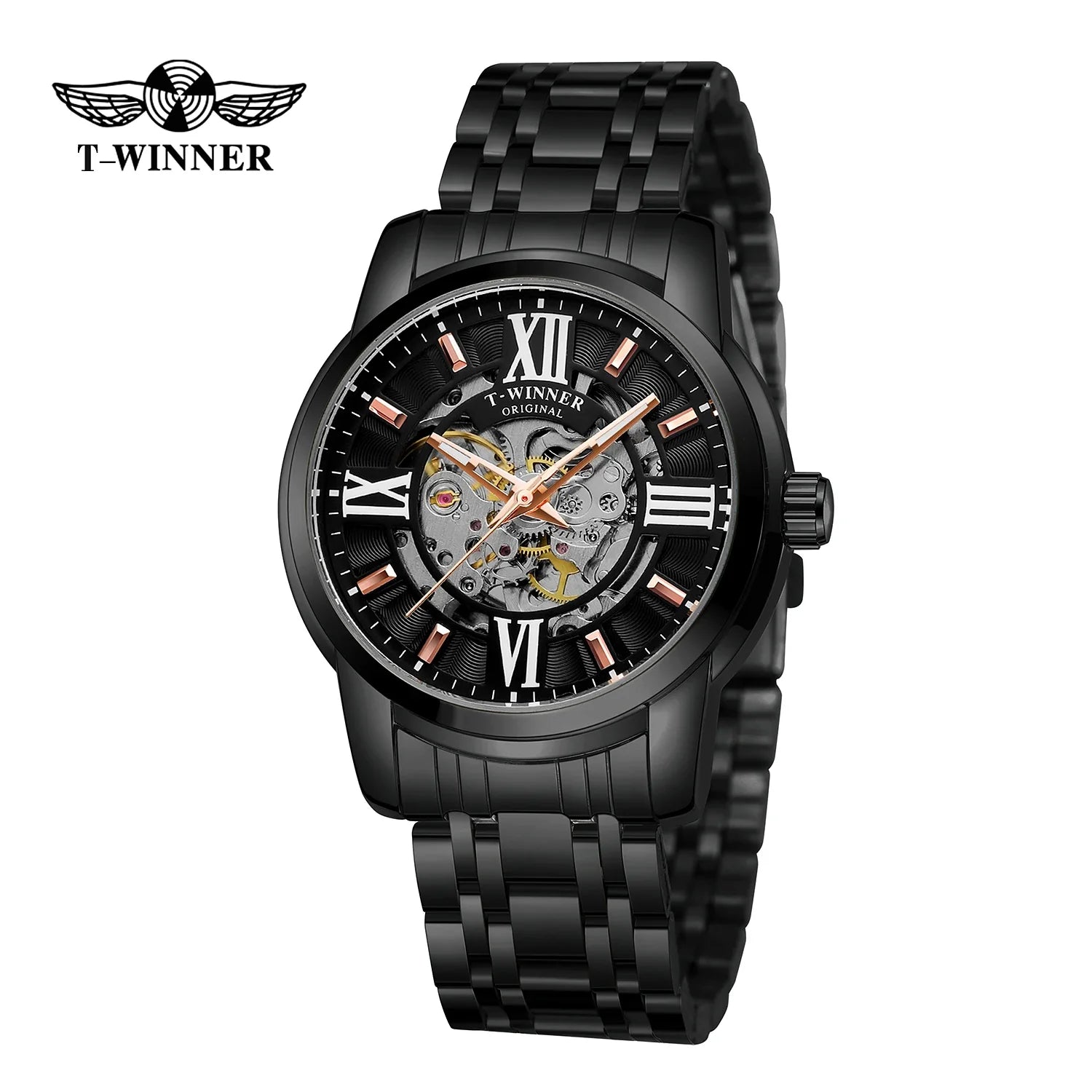 T-Winner Men’s Automatic Mechanical Skeleton Watch – Roman Numeral Stainless Steel