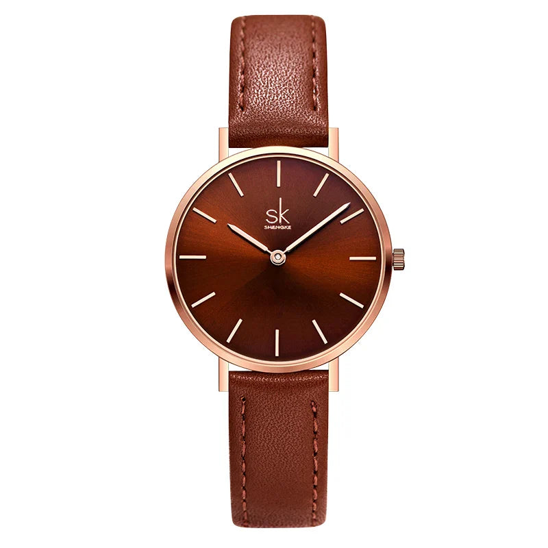 SK Women’s Quartz Watch – Cute Shell Dial, Leather Strap, 32MM Waterproof Wristwatch