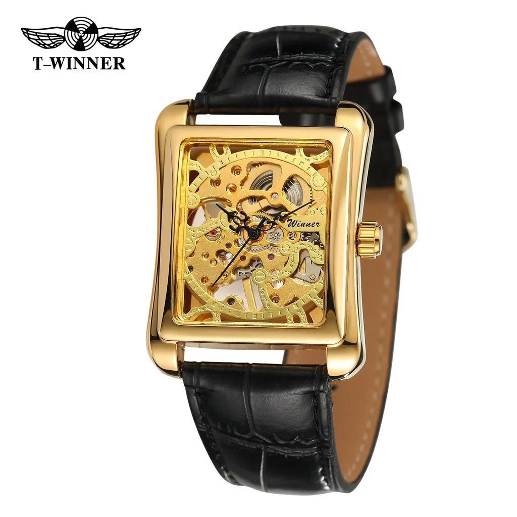 T-Winner Men's Mechanical Watch – Vintage Leather Strap, Rectangle Analog Timepiece