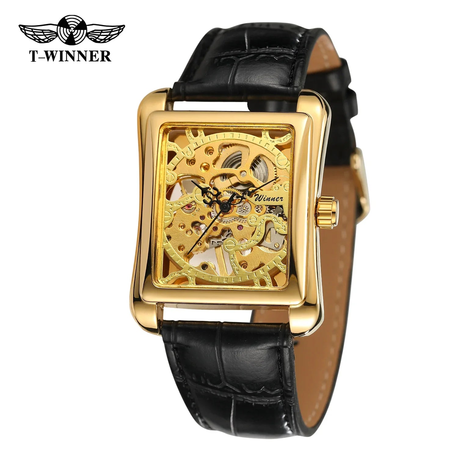 T-Winner Men's Mechanical Watch – Vintage Leather Strap, Rectangle Analog Timepiece