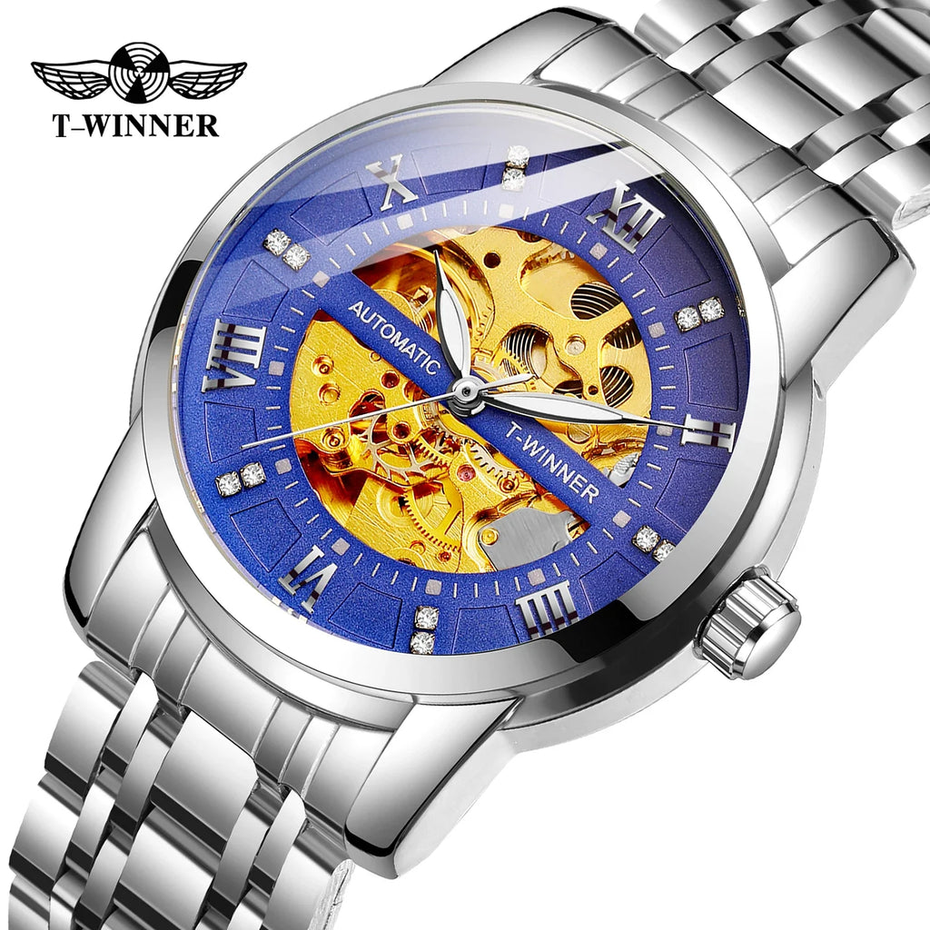 T-WINNER Men’s Mechanical Watch – Luminous Transparent Dial Stainless Steel Band