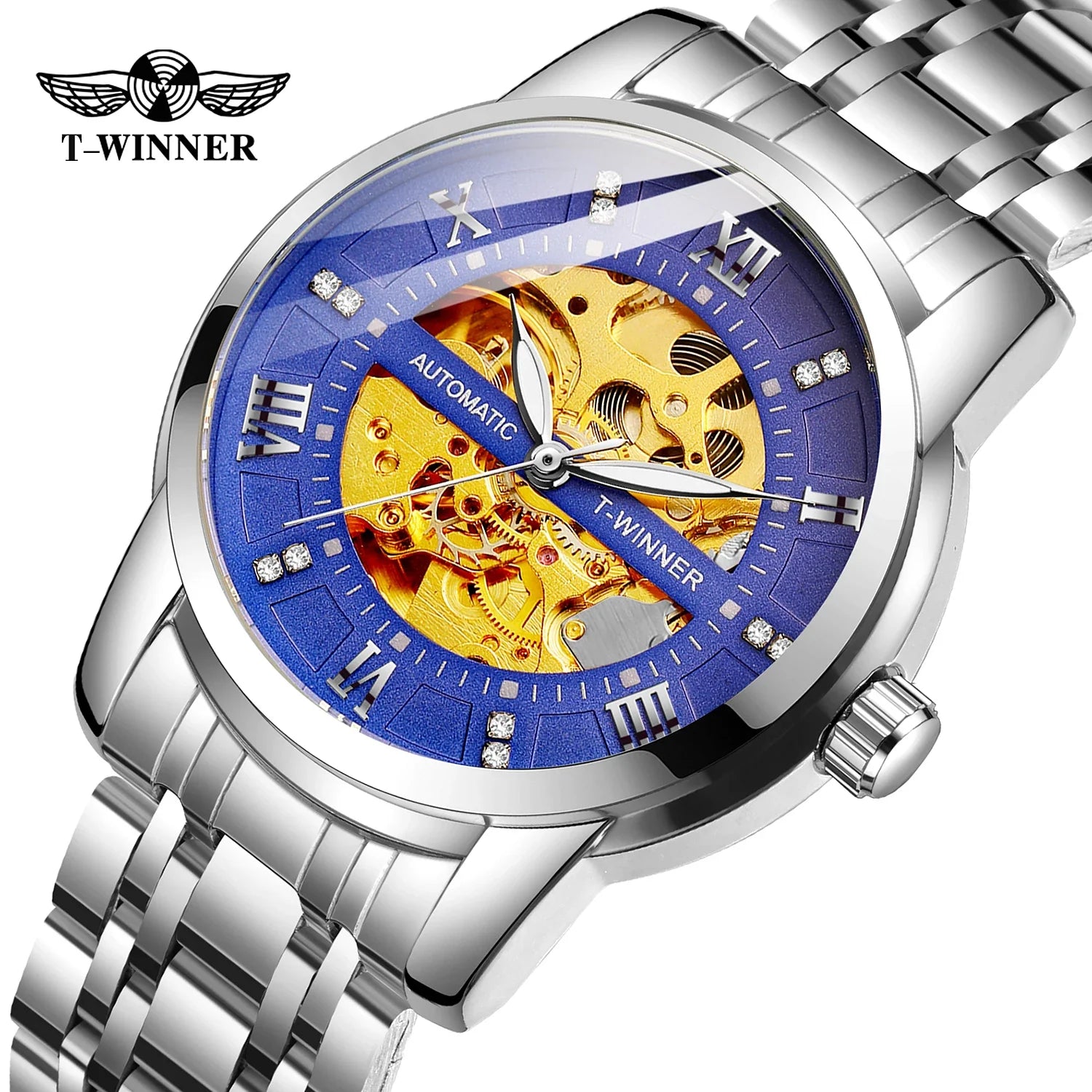 T-WINNER Men’s Mechanical Watch – Luminous Transparent Dial Stainless Steel Band