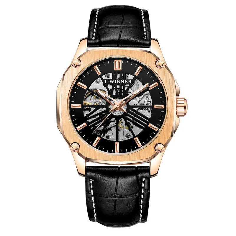 T-Winner Men’s Automatic Mechanical Watch – Leather Strap Hollow Flywheel Design