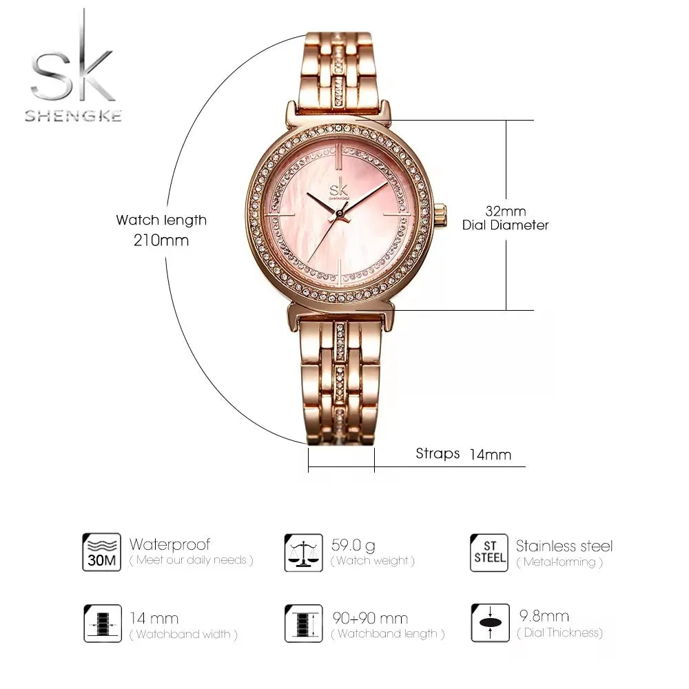 SK Women’s Quartz Watch – Luxury Golden Stainless Steel Strap Analog Timepiece