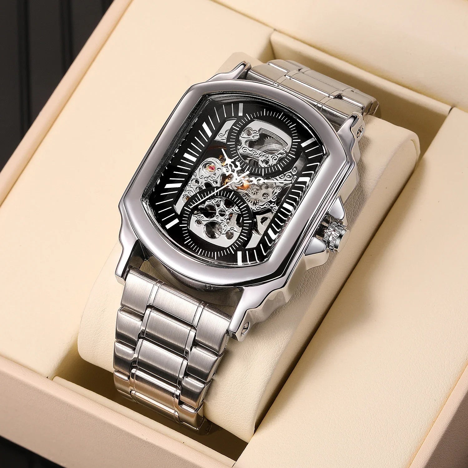 T-Winner Luxury Automatic Mechanical Watch for Men – Square Stainless Steel Timepiece