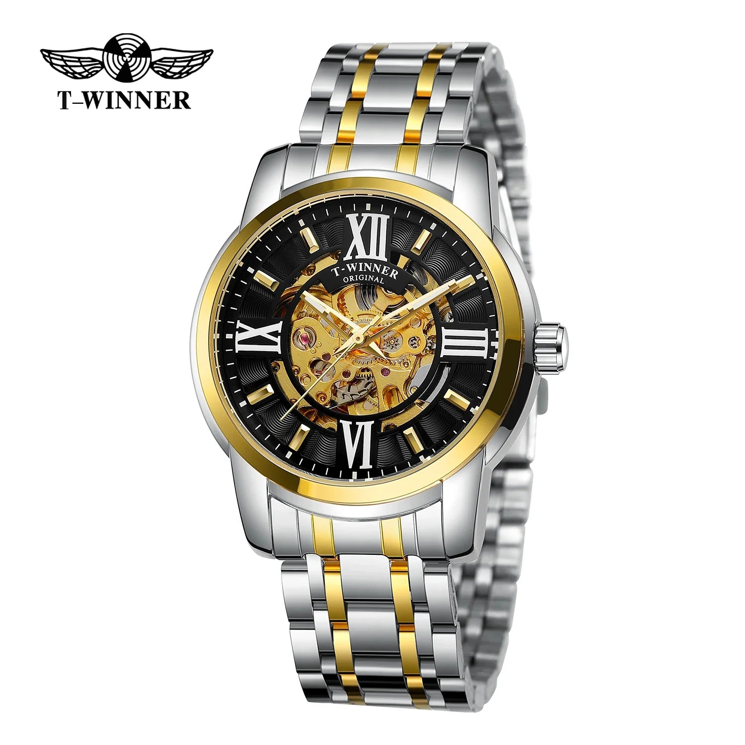 T-Winner Men’s Automatic Mechanical Skeleton Watch – Roman Numeral Stainless Steel