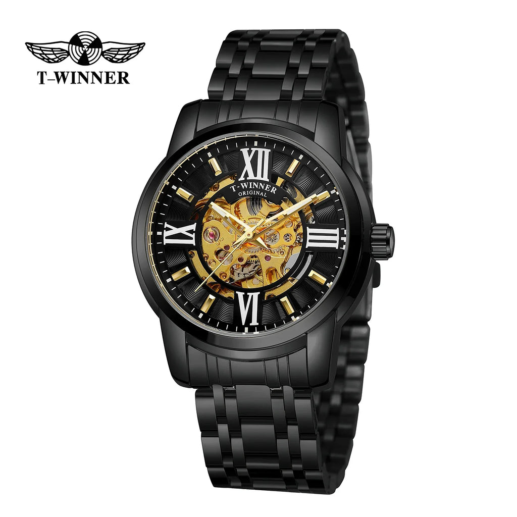 T-Winner Men’s Automatic Mechanical Skeleton Watch – Roman Numeral Stainless Steel