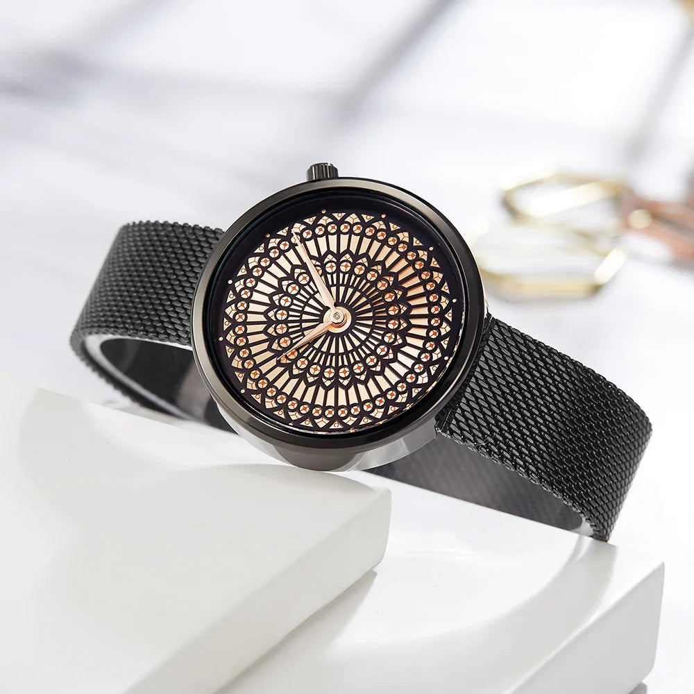 SK Women’s Quartz Watch – Luxury Stainless Steel Mesh Strap, 3ATM Waterproof