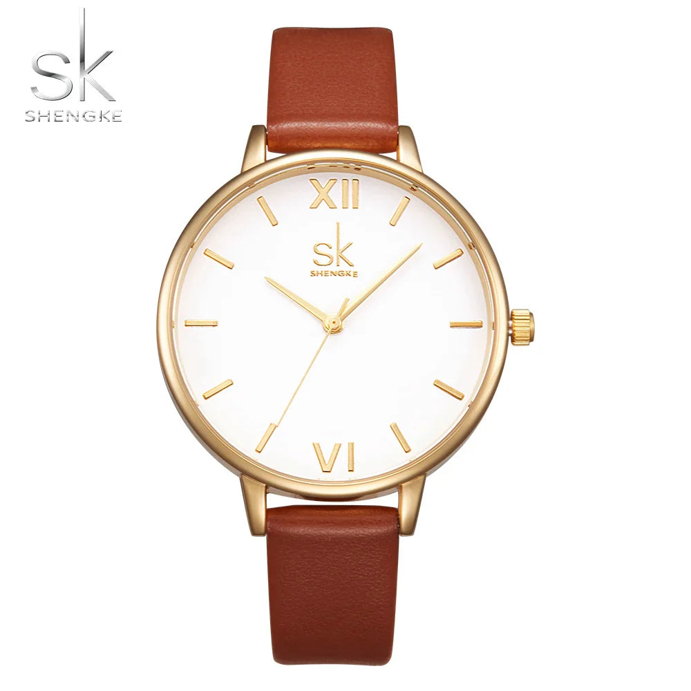 SK Women’s Quartz Leather Watch – Large Dial, Waterproof Casual Fashion Wristwatch