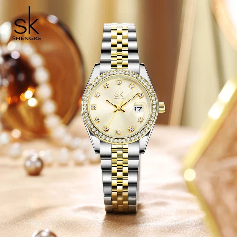 SK Women’s Crystal Quartz Watch – Stainless Steel Band, 3BAR Water-Resistant