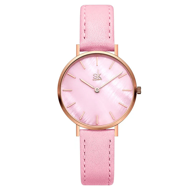 SK Women’s Quartz Watch – Cute Shell Dial, Leather Strap, 32MM Waterproof Wristwatch