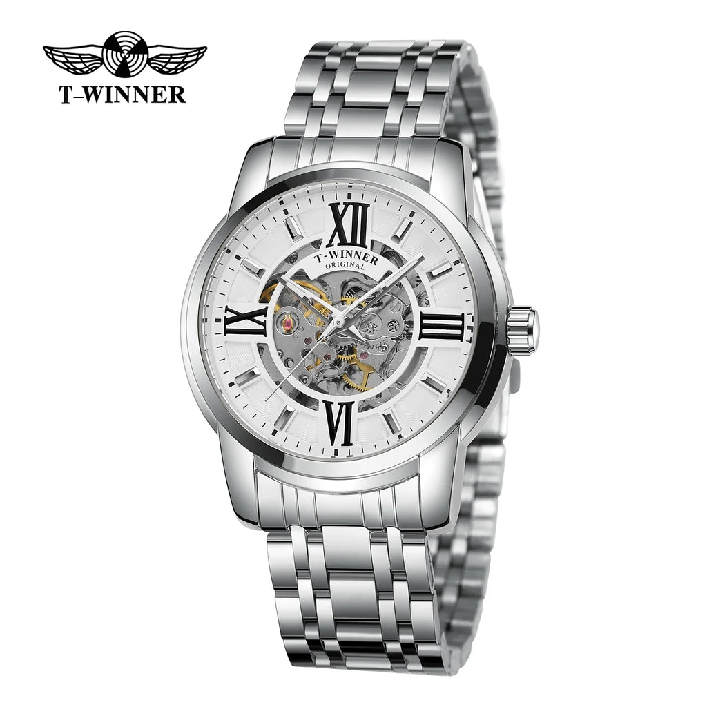 T-Winner Men’s Automatic Mechanical Skeleton Watch – Roman Numeral Stainless Steel