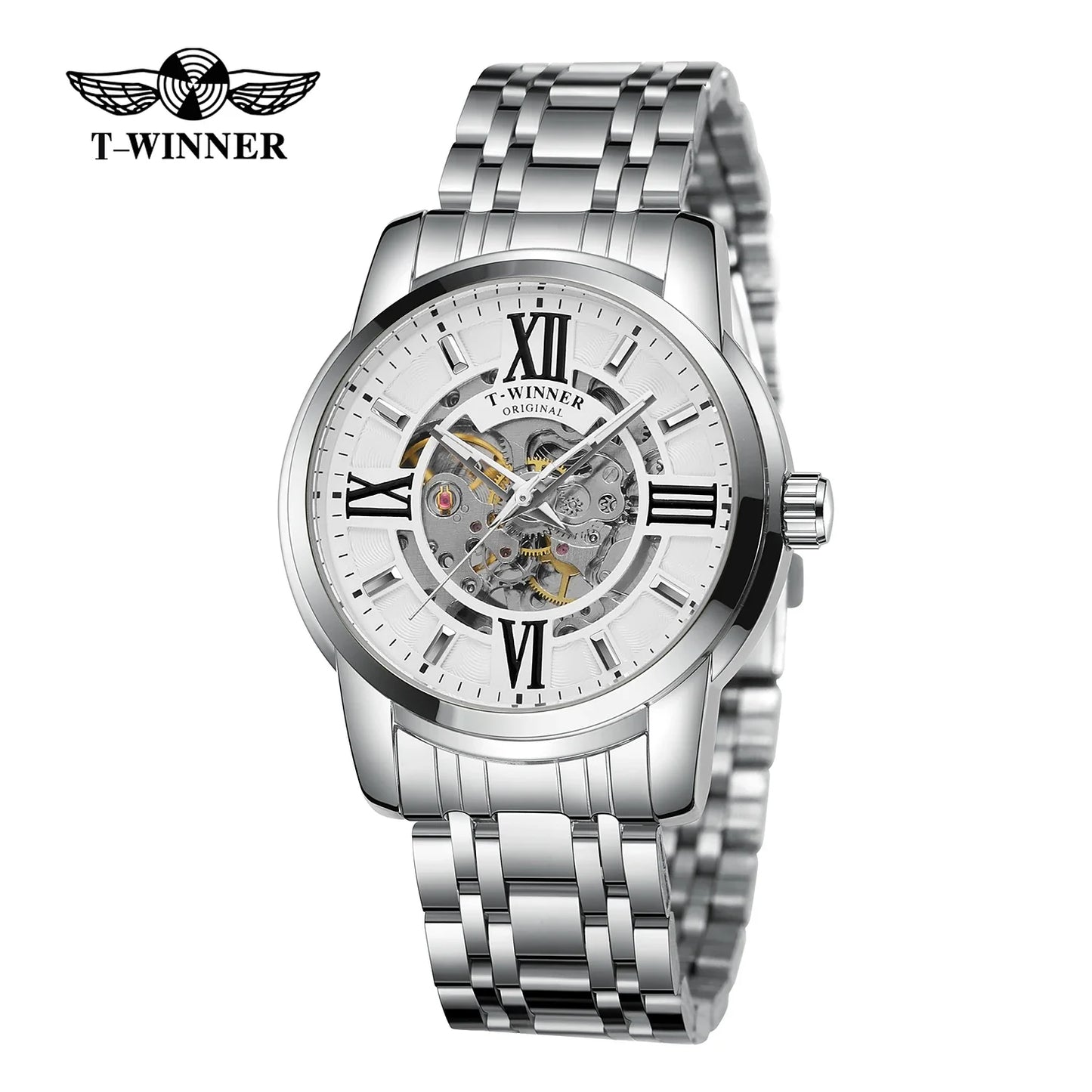 T-Winner Men’s Automatic Mechanical Skeleton Watch – Roman Numeral Stainless Steel
