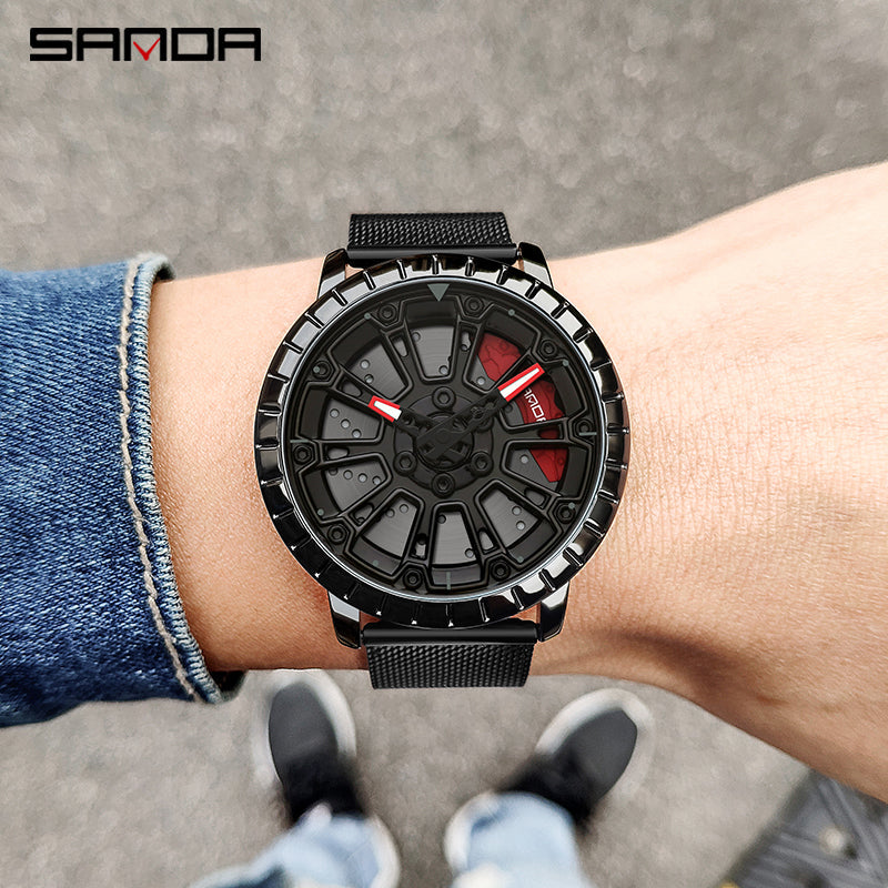Sanda Men’s Quartz Watch – Hollow Dial, Mesh Stainless Steel Band, Waterproof Timepiece
