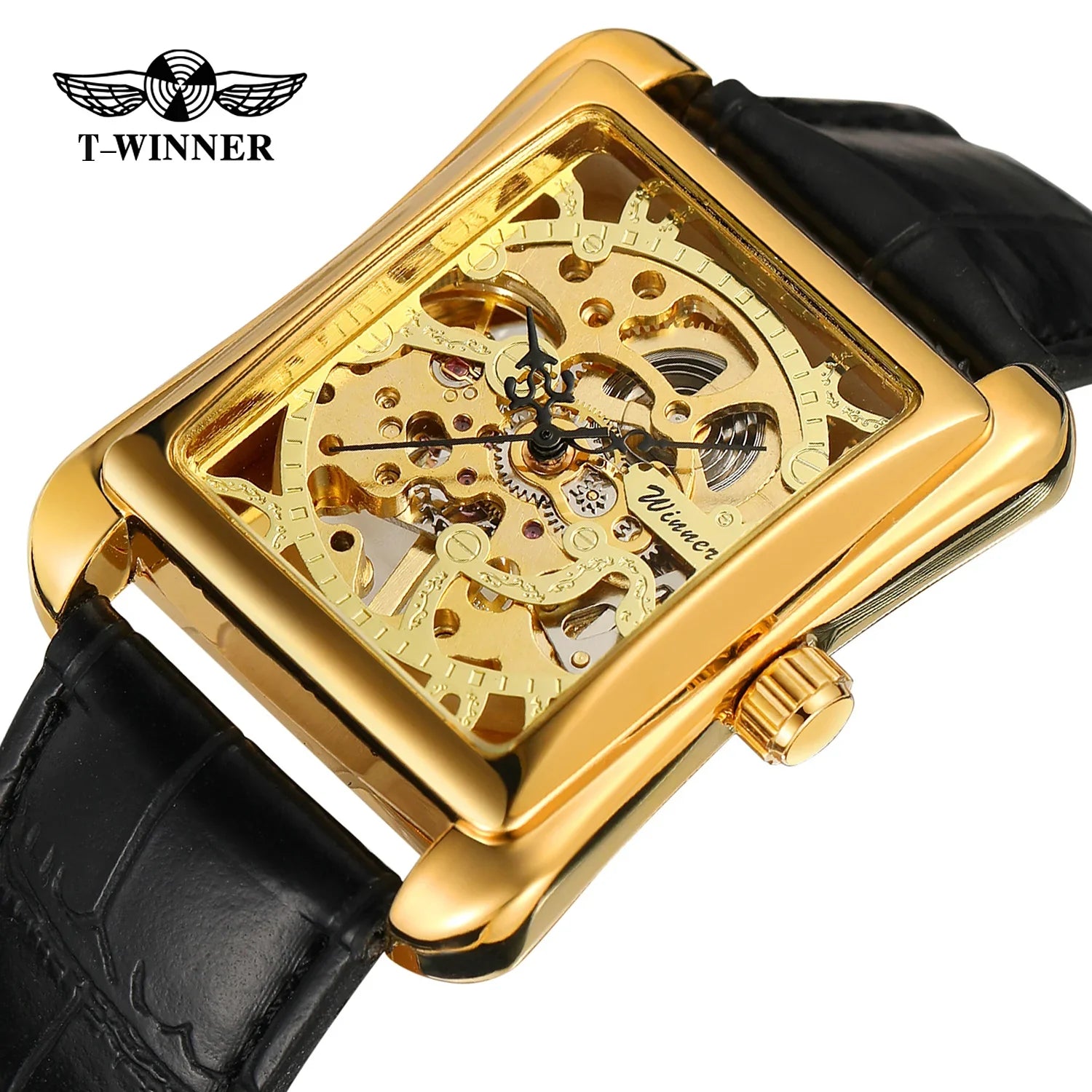 T-Winner Men's Mechanical Watch – Vintage Leather Strap, Rectangle Analog Timepiece