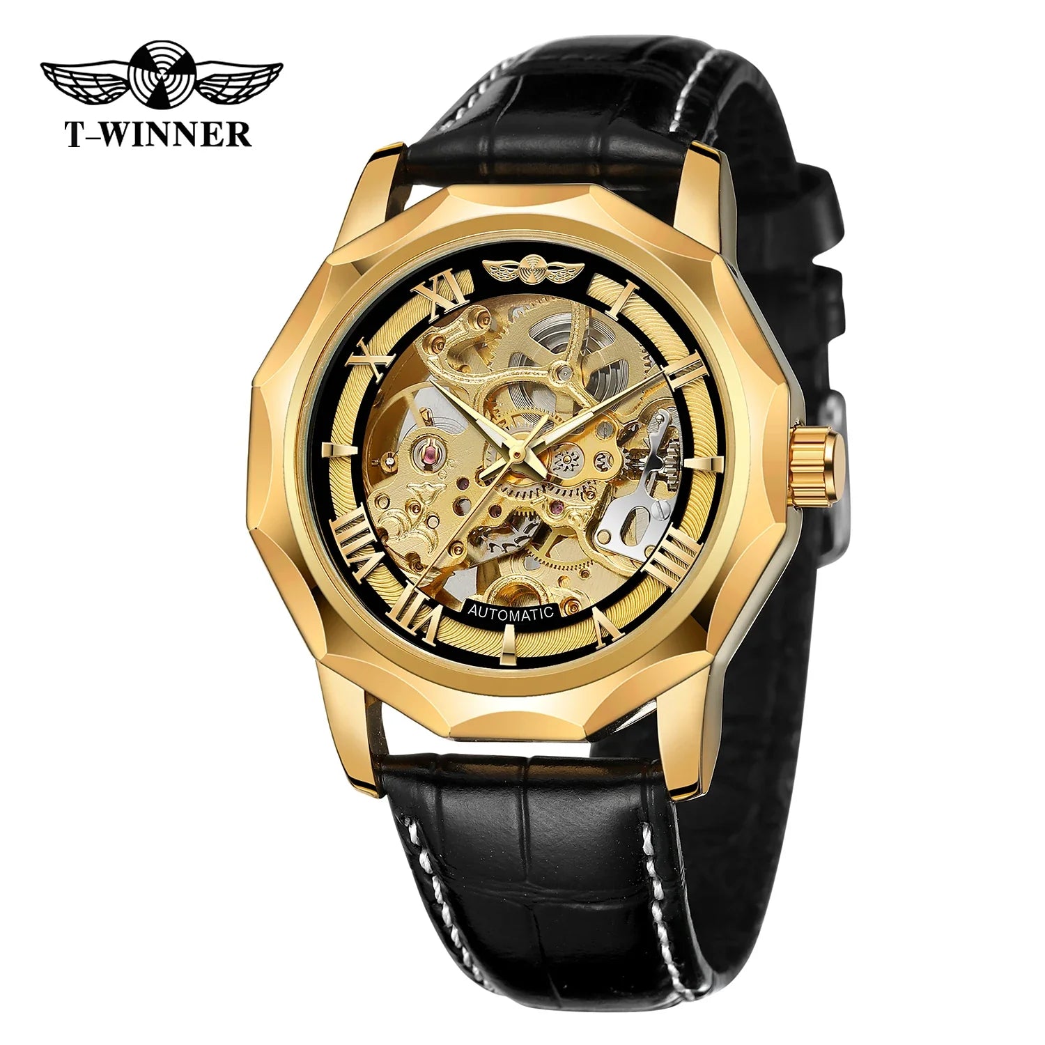 T-Winner Men’s Automatic Mechanical Watch – Leather Strap Luminous Dial Timepiece