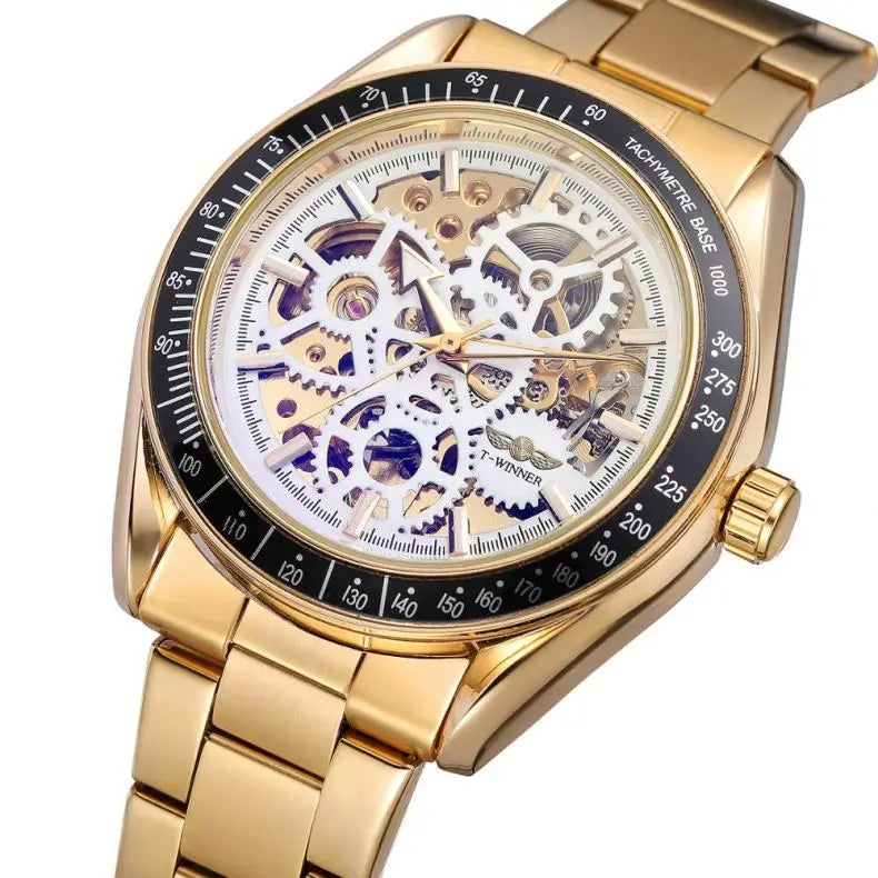 T-Winner Men’s Automatic Mechanical Watch – Stainless Steel Skeleton Wristwatch