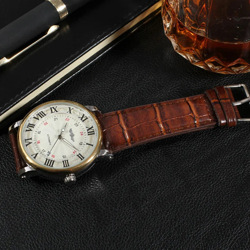 T-Winner Men’s Automatic Mechanical Watch – Retro Leather Strap, Shock Resistant