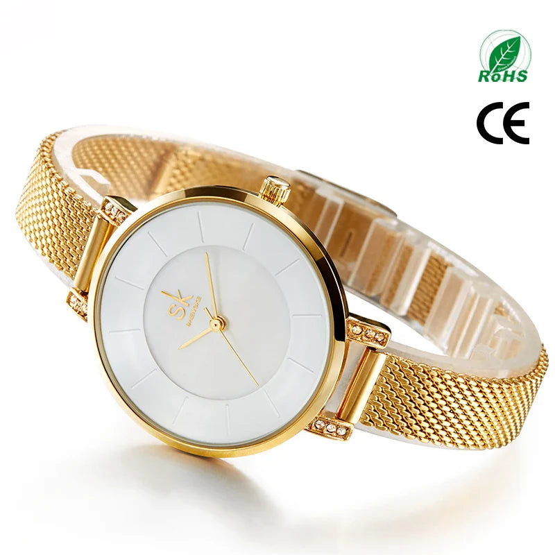 SK Minimalist Women’s Gold Watch – Ultra-Thin Analog Quartz Wristwatch