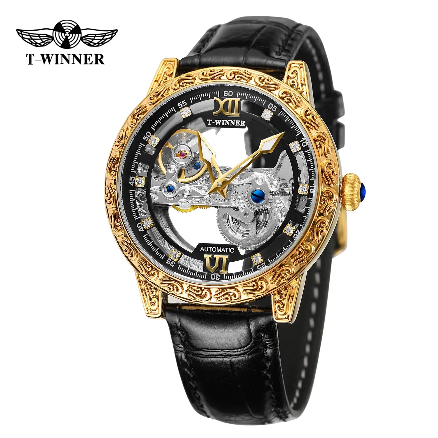 T-Winner Skeleton Automatic Watch for Men – Luxury Mechanical Design with Leather Strap