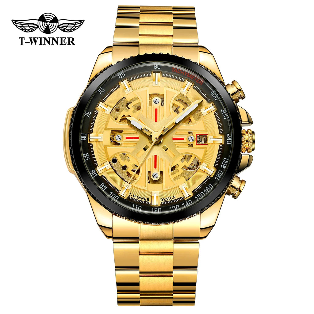 T-Winner Men’s Automatic Tachymeter Watch – Luminous Hollow Dial, Stainless Steel