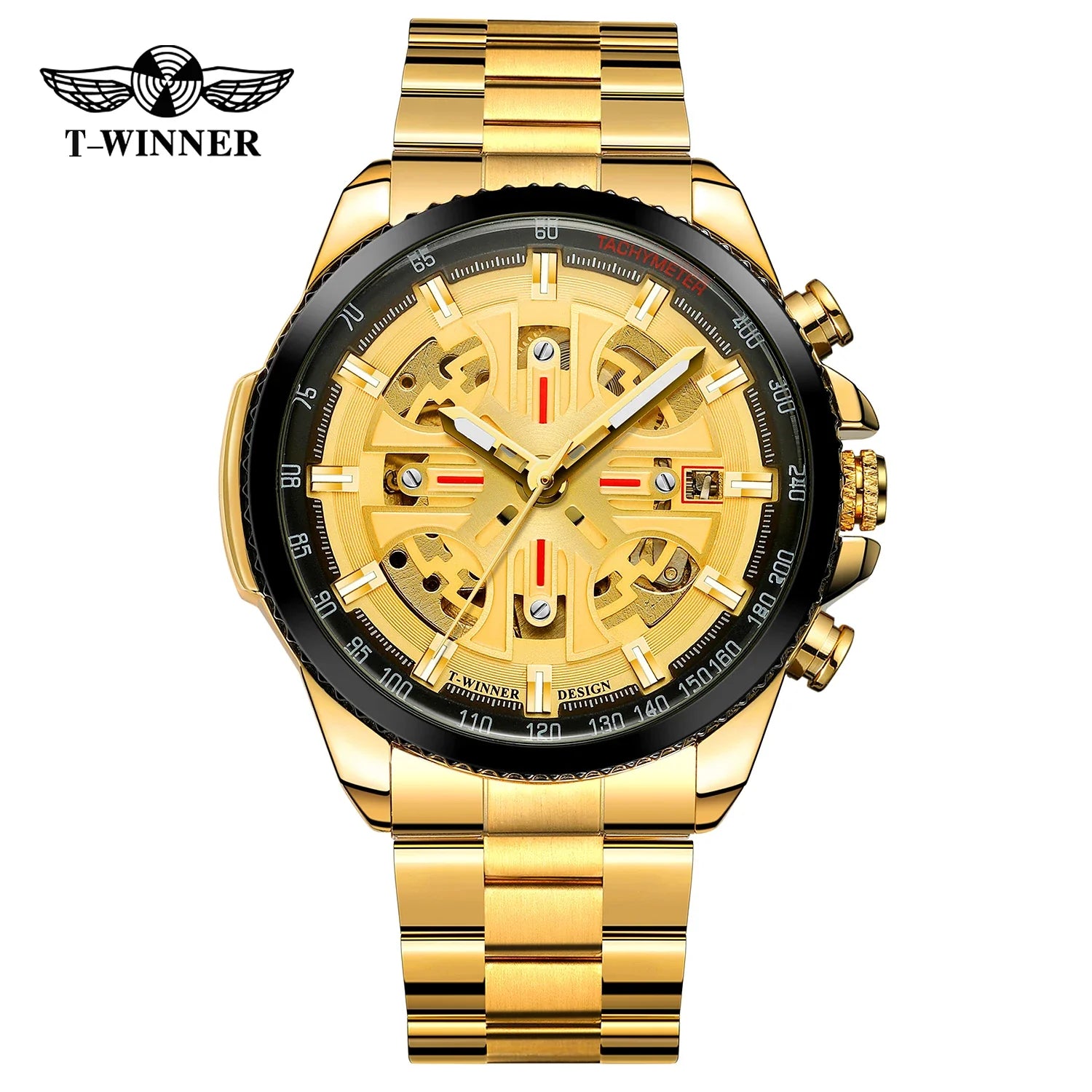 T-Winner Men’s Automatic Tachymeter Watch – Luminous Hollow Dial, Stainless Steel