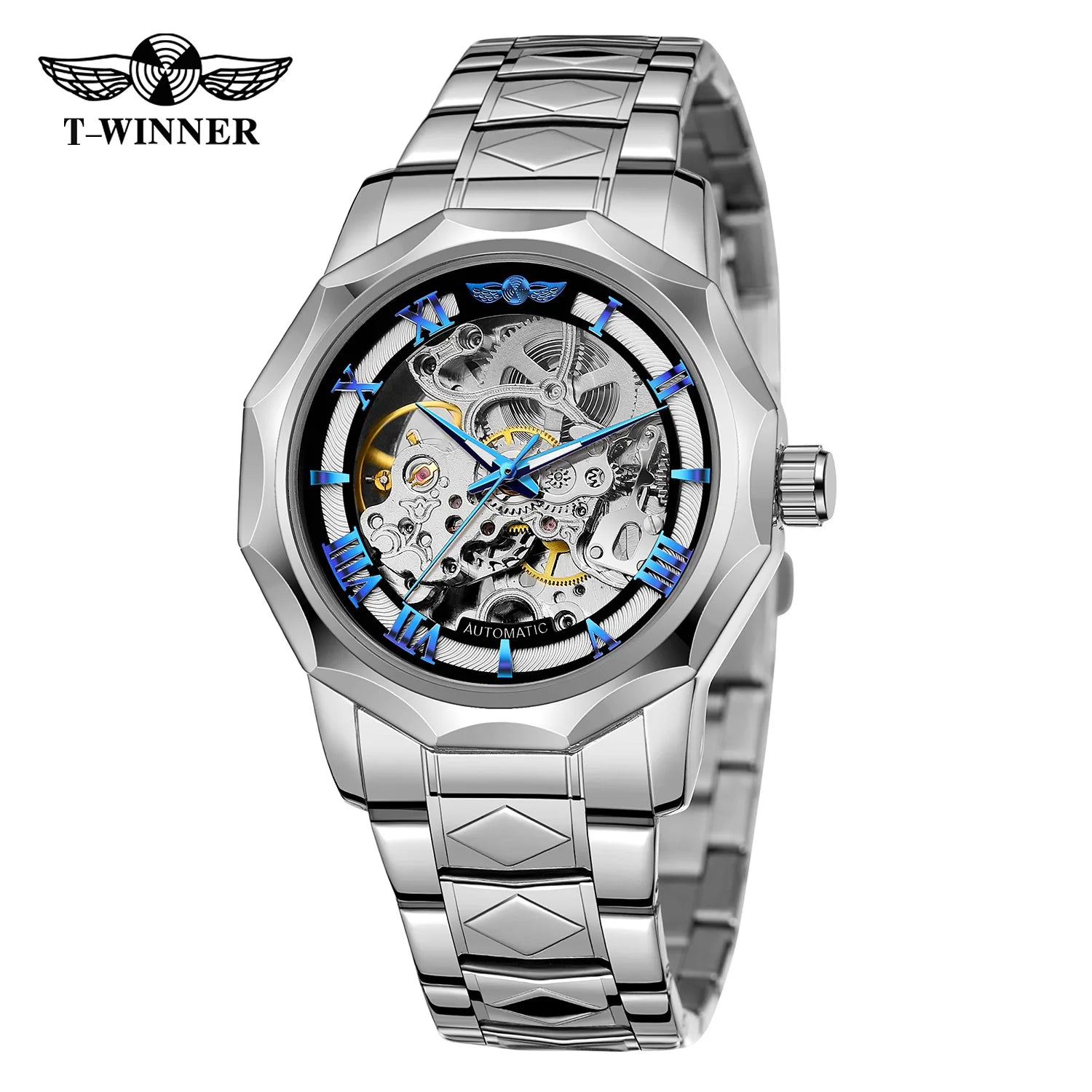T-Winner Men’s Mechanical Watch – Luxury Hollow Polygonal Dial Stainless Steel Band