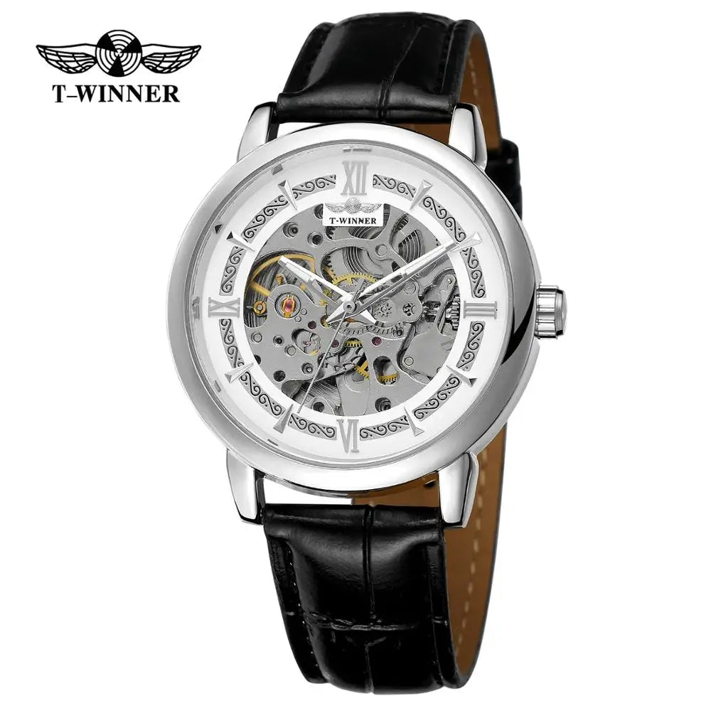 T-Winner Men’s Leather Automatic Mechanical Watch – Full Skeleton Hollow Design