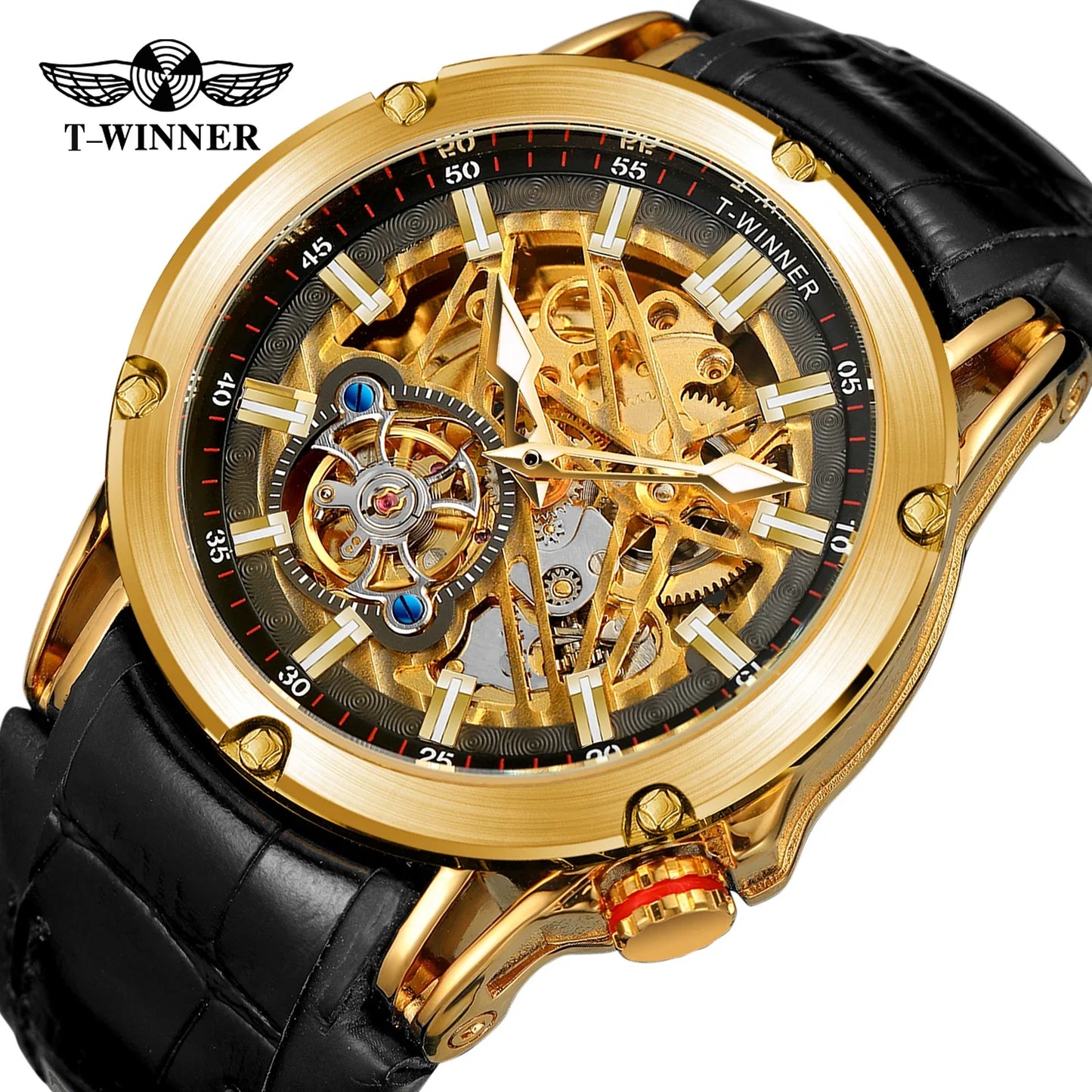 T-Winner Men’s Automatic Mechanical Watch – Elegant Leather Strap, Luminous Skeleton Dial