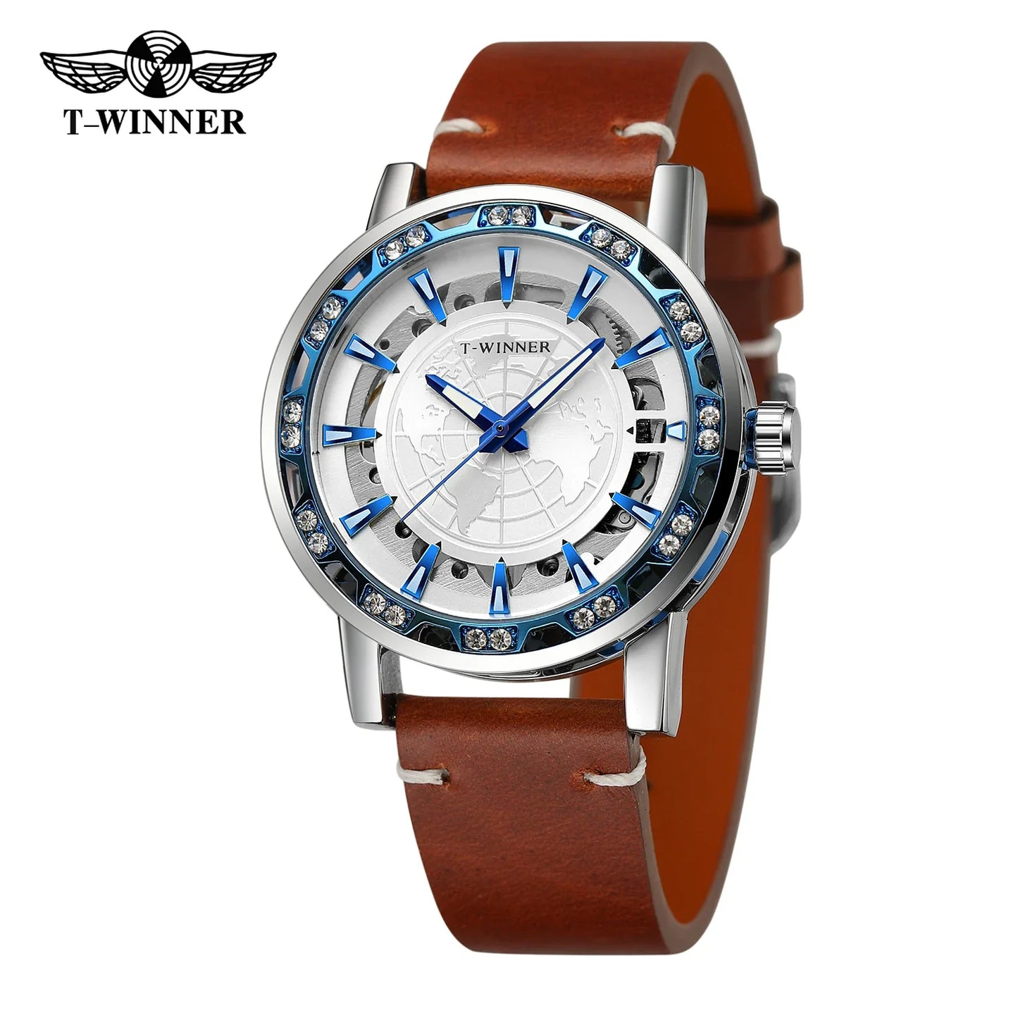 T-Winner Men’s Skeleton Mechanical Watch – Luminous Leather Strap Automatic Timepiece