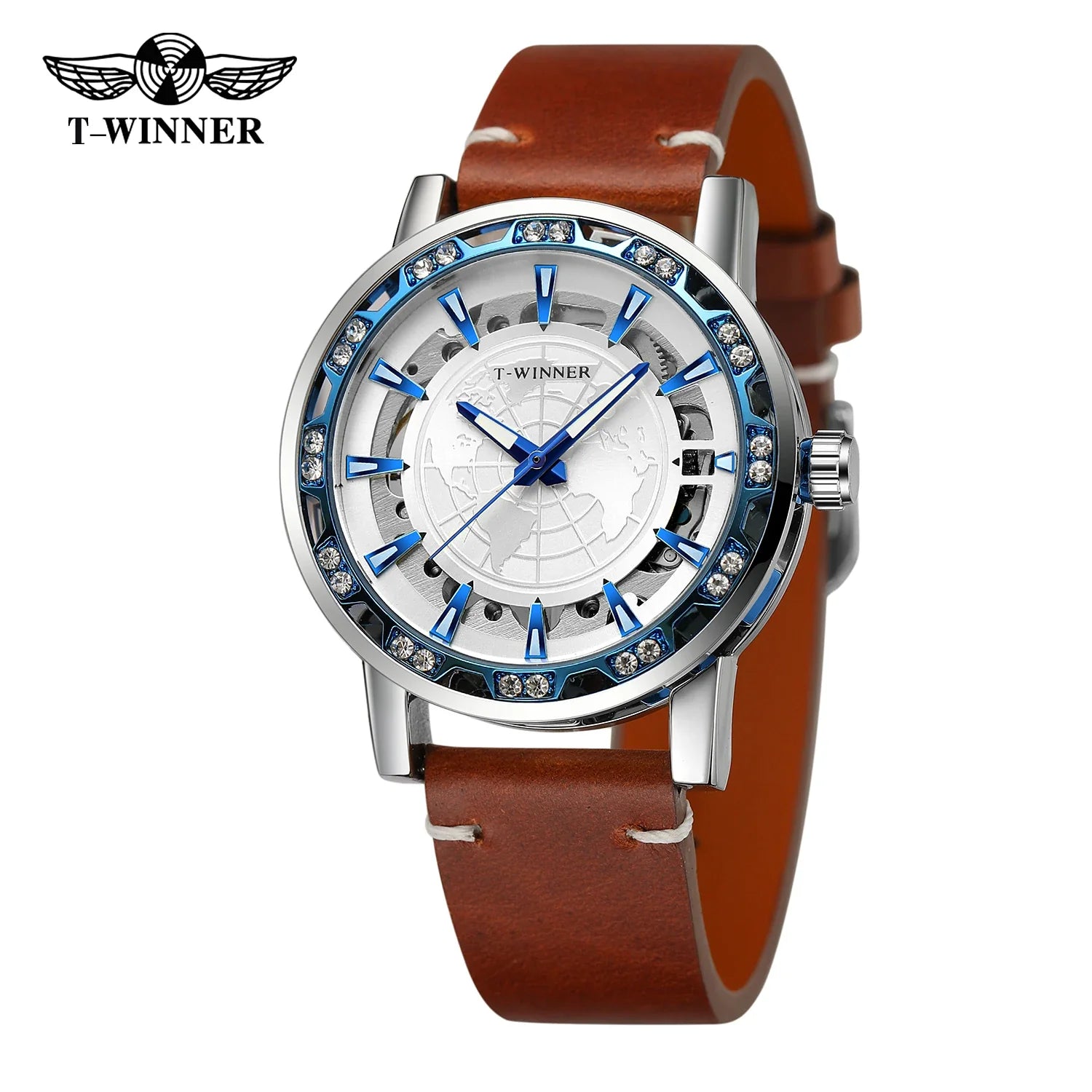 T-Winner Men’s Skeleton Mechanical Watch – Luminous Leather Strap Automatic Timepiece