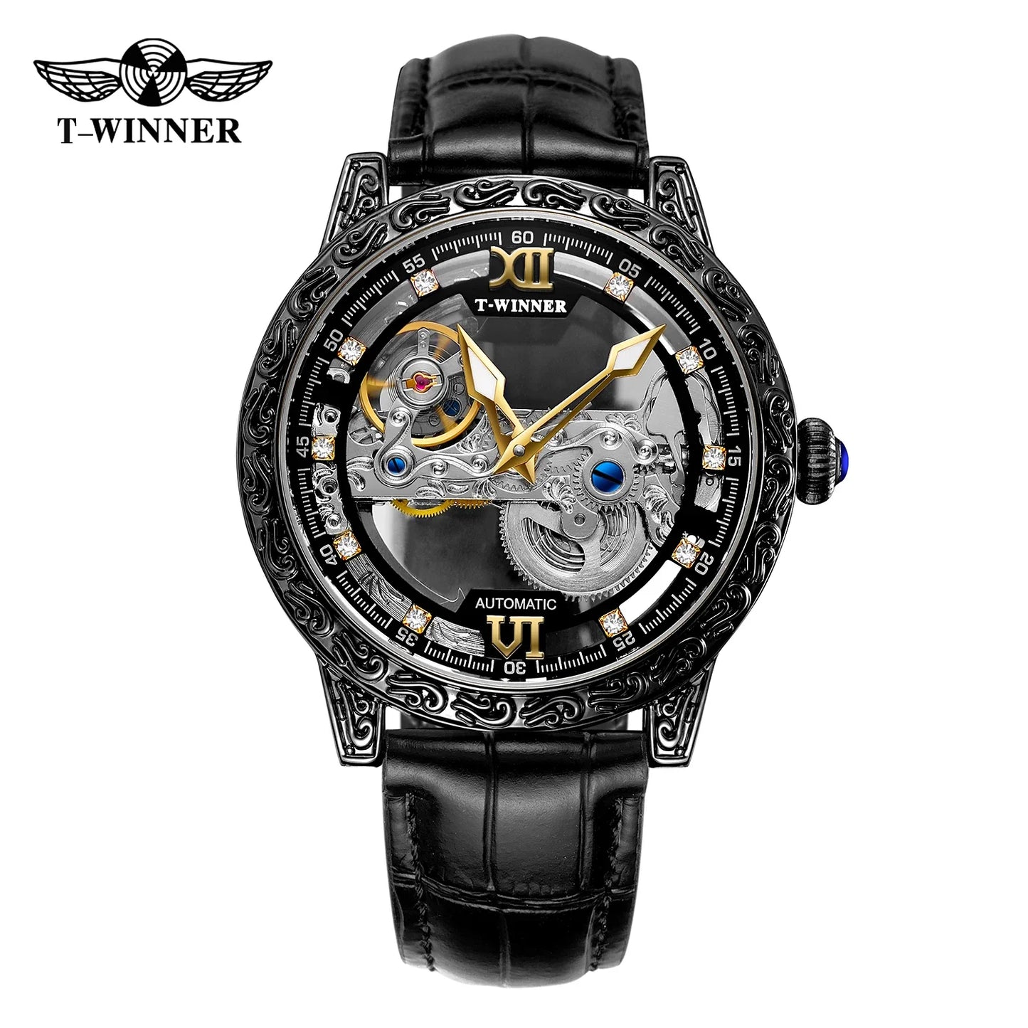 T-Winner Skeleton Automatic Watch for Men – Luxury Mechanical Design with Leather Strap