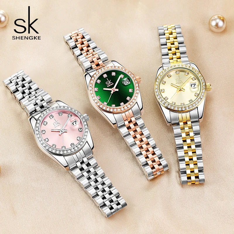 SK Women’s Crystal Quartz Watch – Stainless Steel Band, 3BAR Water-Resistant