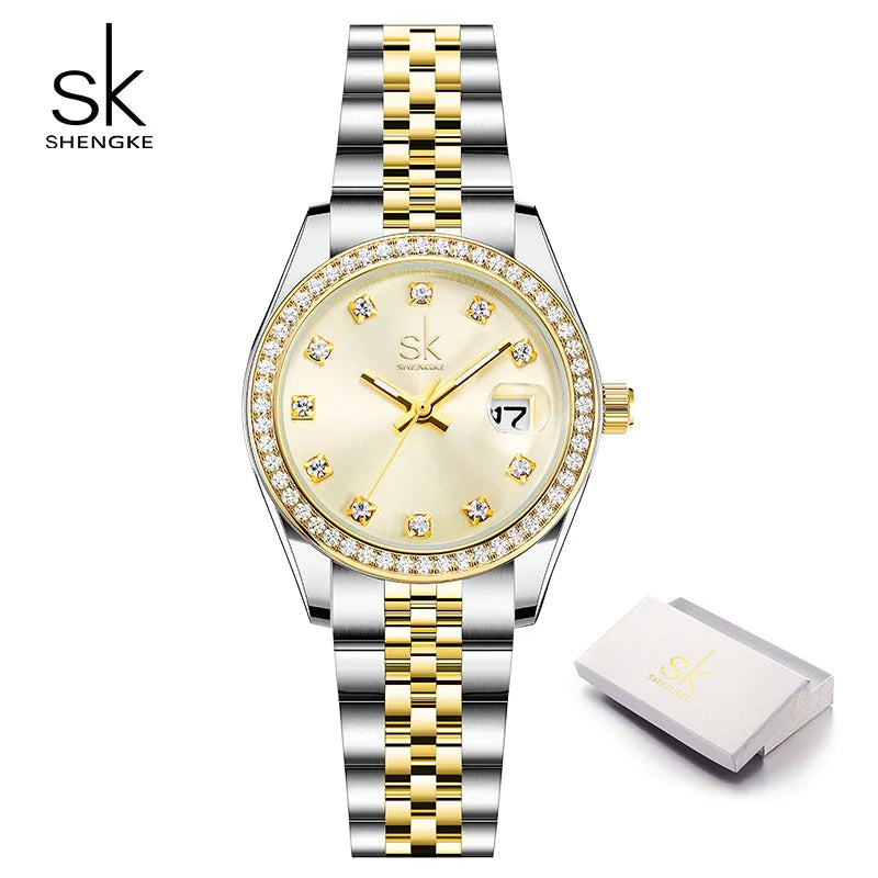 SK Women’s Crystal Quartz Watch – Stainless Steel Band, 3BAR Water-Resistant