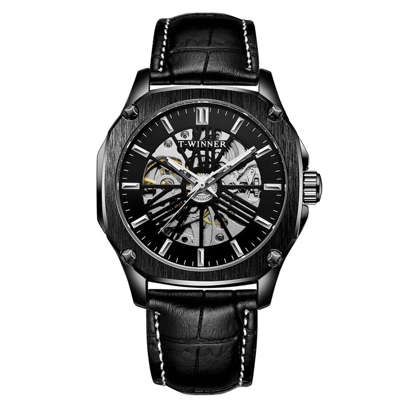 T-Winner Men’s Automatic Mechanical Watch – Leather Strap Hollow Flywheel Design