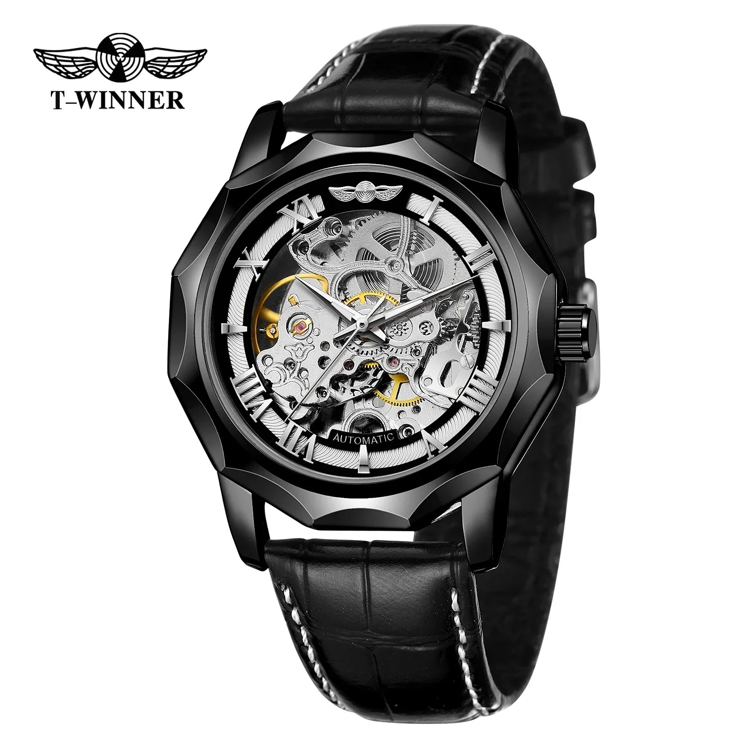 T-Winner Men’s Automatic Mechanical Watch – Leather Strap Luminous Dial Timepiece